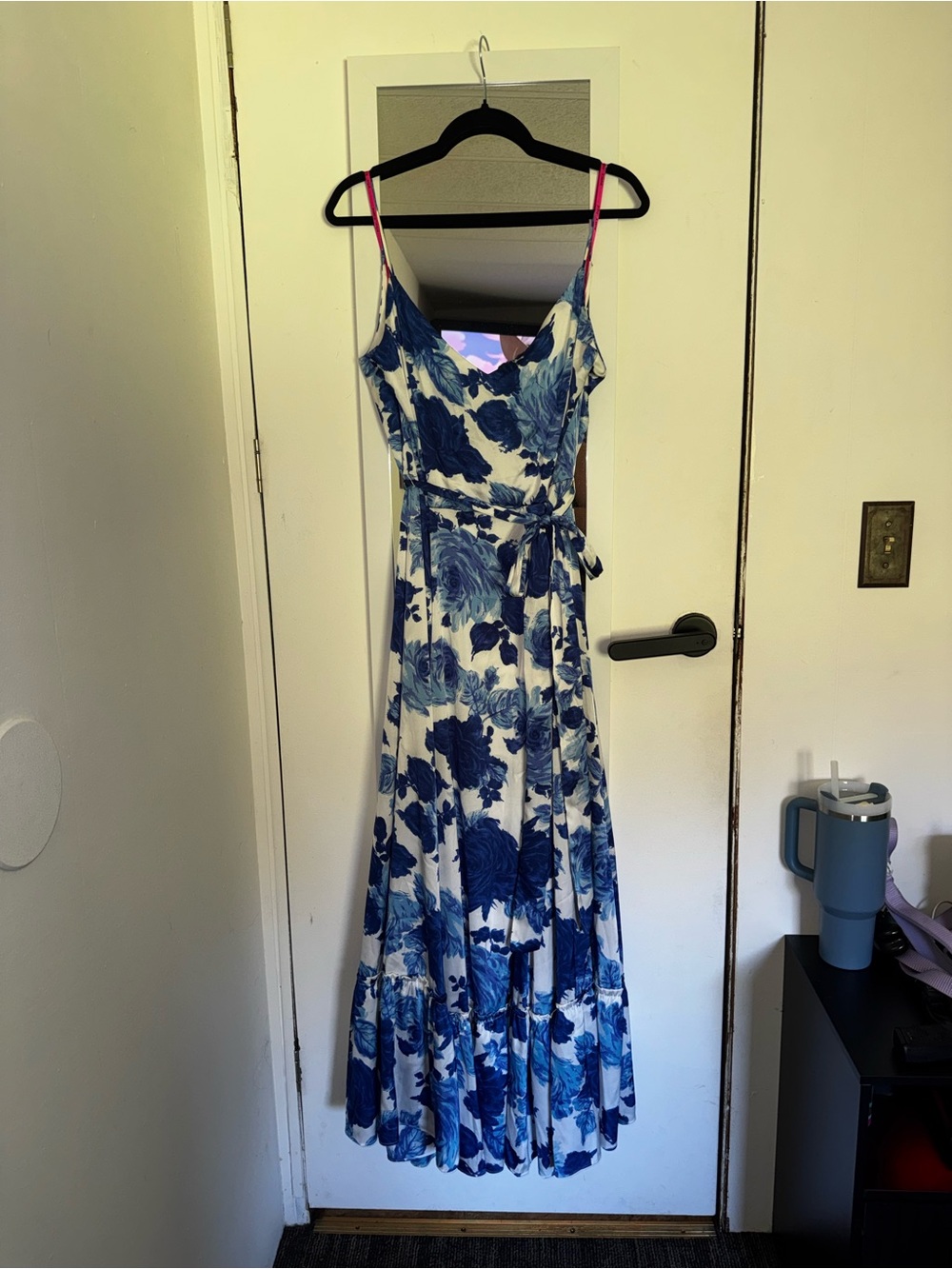 Betsey Johnson Blue and White Floral Maxi Dress with Pink Straps